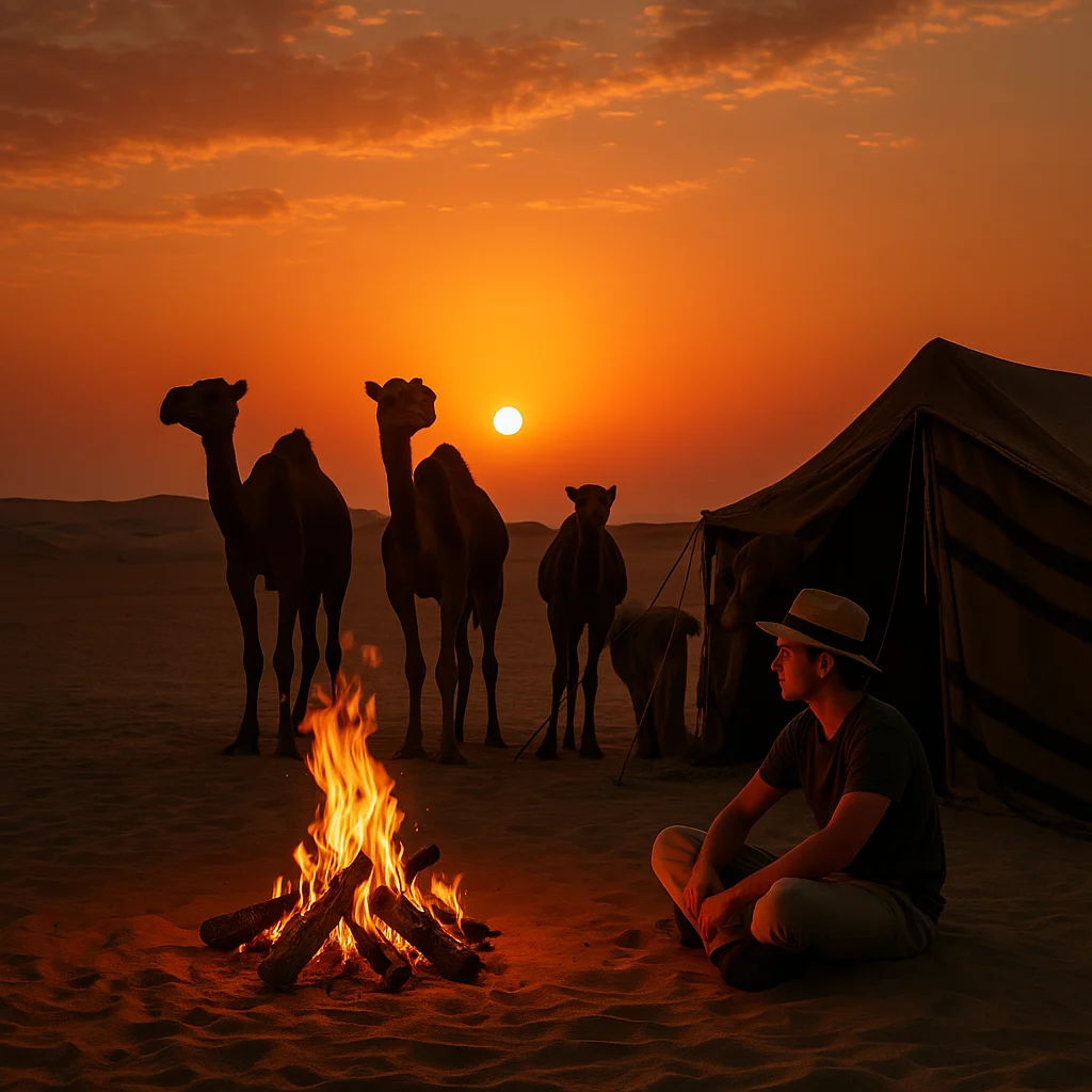 Campement traditionnel dans le désert de Bahreïn avec feu de camp, dromadaires et coucher de soleil – expérience touristique authentique