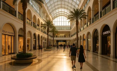 Galerie marchande haut de gamme à Bahreïn baignée de lumière naturelle, idéale pour le shopping des voyageurs francophones