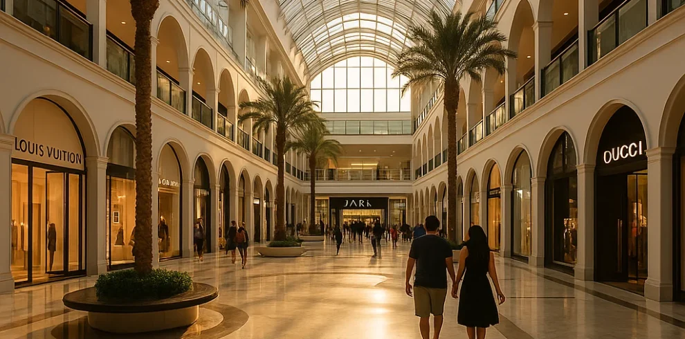 Galerie marchande haut de gamme à Bahreïn baignée de lumière naturelle, idéale pour le shopping des voyageurs francophones
