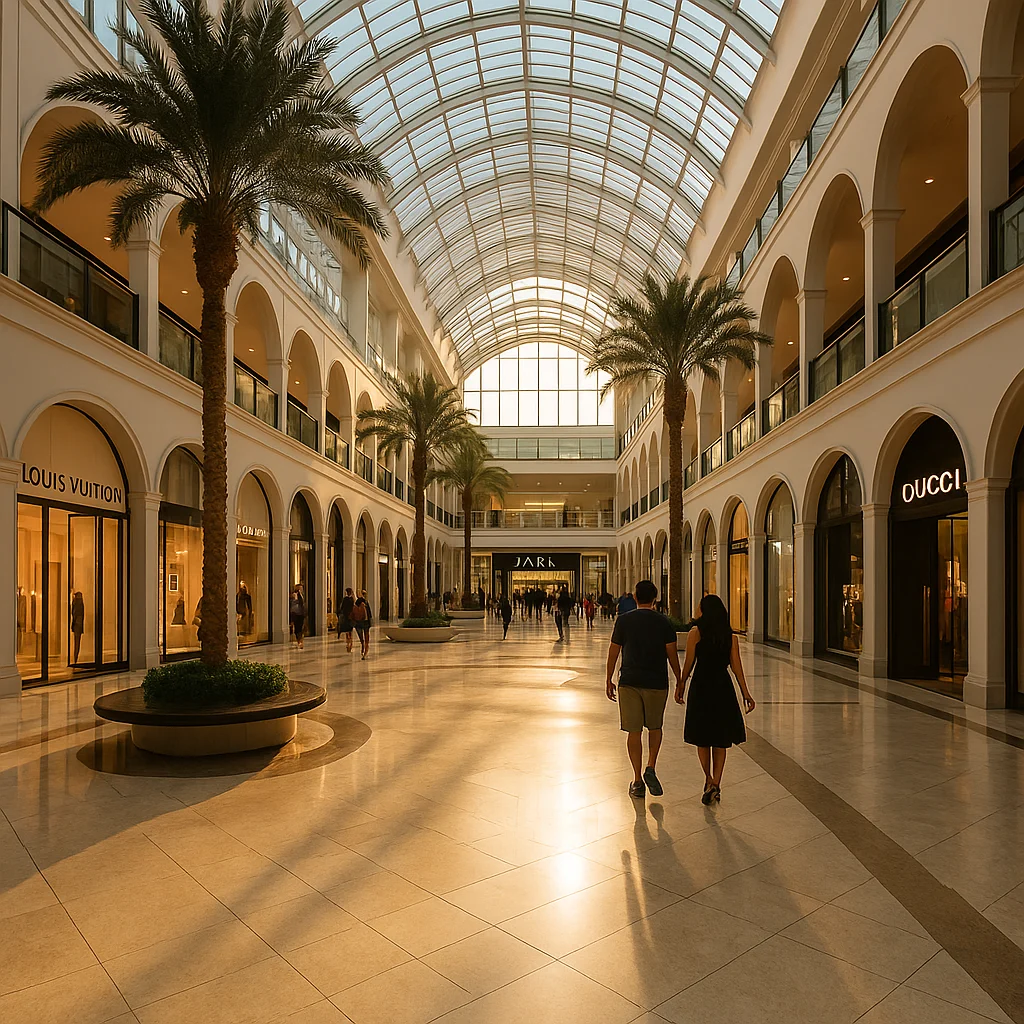 Galerie marchande haut de gamme à Bahreïn baignée de lumière naturelle, idéale pour le shopping des voyageurs francophones