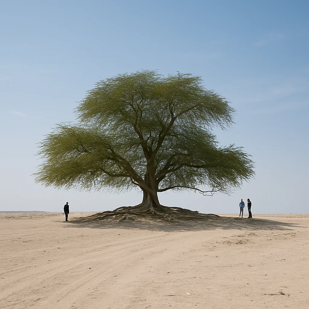 Arbre de Vie isolé dans le désert de Bahreïn, symbole de mystère et de résilience.