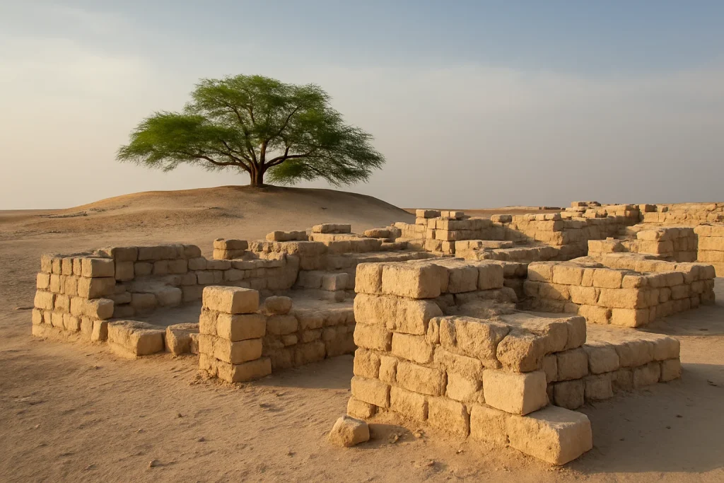 ruines du Temple de Barbar avec l’Arbre de Vie en arrière-plan dans le désert de Bahreïn
