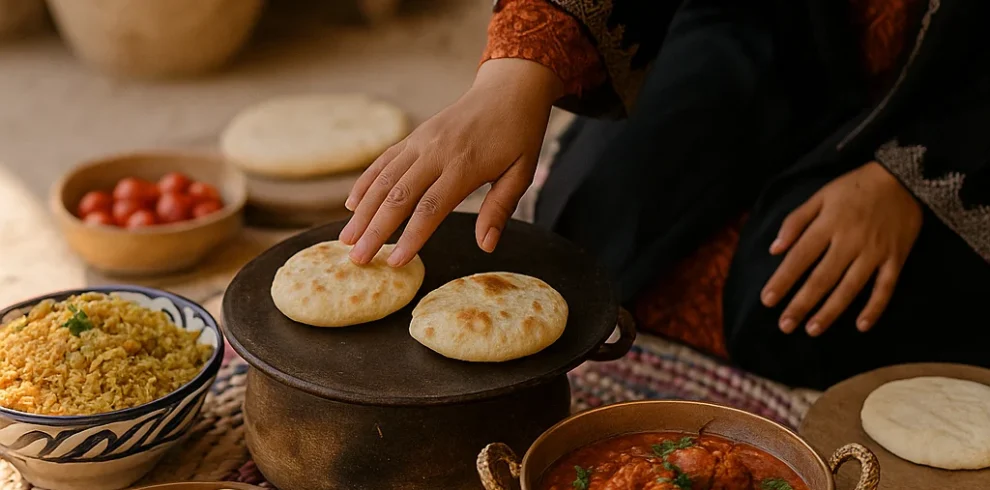 table avec plats traditionnels bahreïnis, pain, riz et ragoût dans une maison en terre cuite