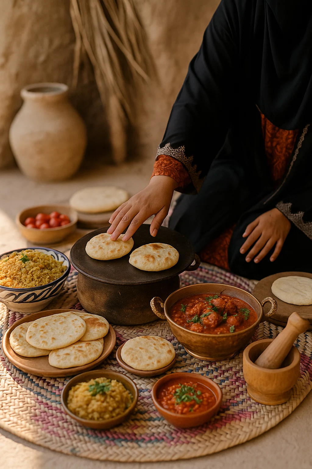 table avec plats traditionnels bahreïnis, pain, riz et ragoût dans une maison en terre cuite