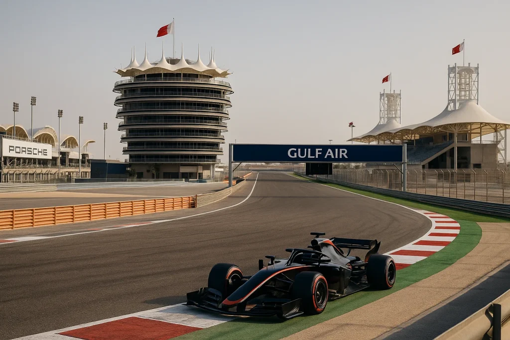 vue du circuit F1 de Bahreïn avec piste de karting et tribunes illuminées