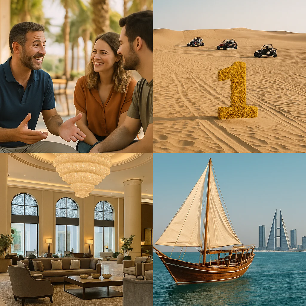 Circuit premium à Bahreïn : immersion francophone entre dunes en buggy, croisière en dhow, palace 5 étoiles et rencontres locales.