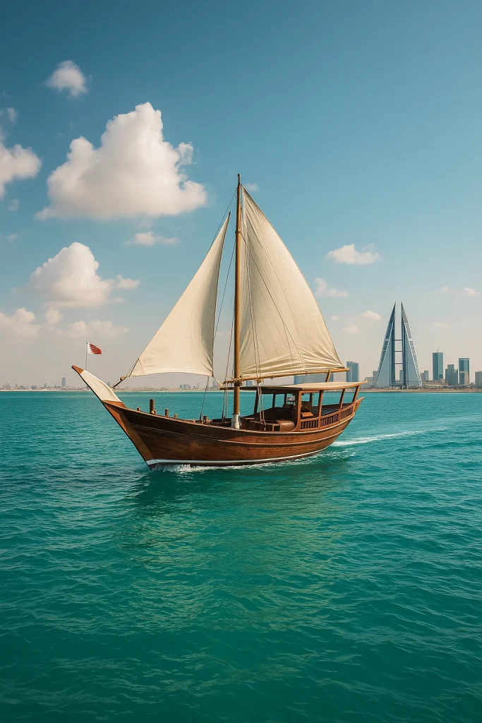 roisière en dhow traditionnel sur les eaux turquoise de Bahreïn, avec vue sur la skyline moderne.