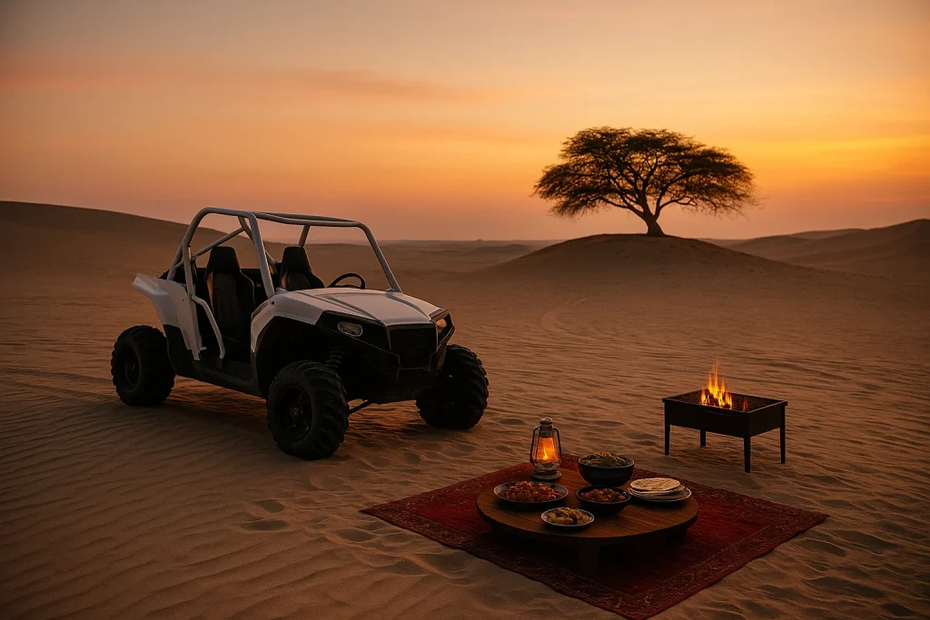 buggy dans le désert de Bahreïn au coucher du soleil avec barbecue et arbre de vie en arrière-plan