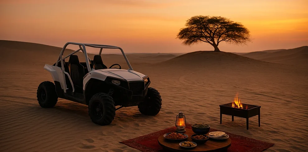 buggy dans le désert de Bahreïn au coucher du soleil avec barbecue et arbre de vie en arrière-plan