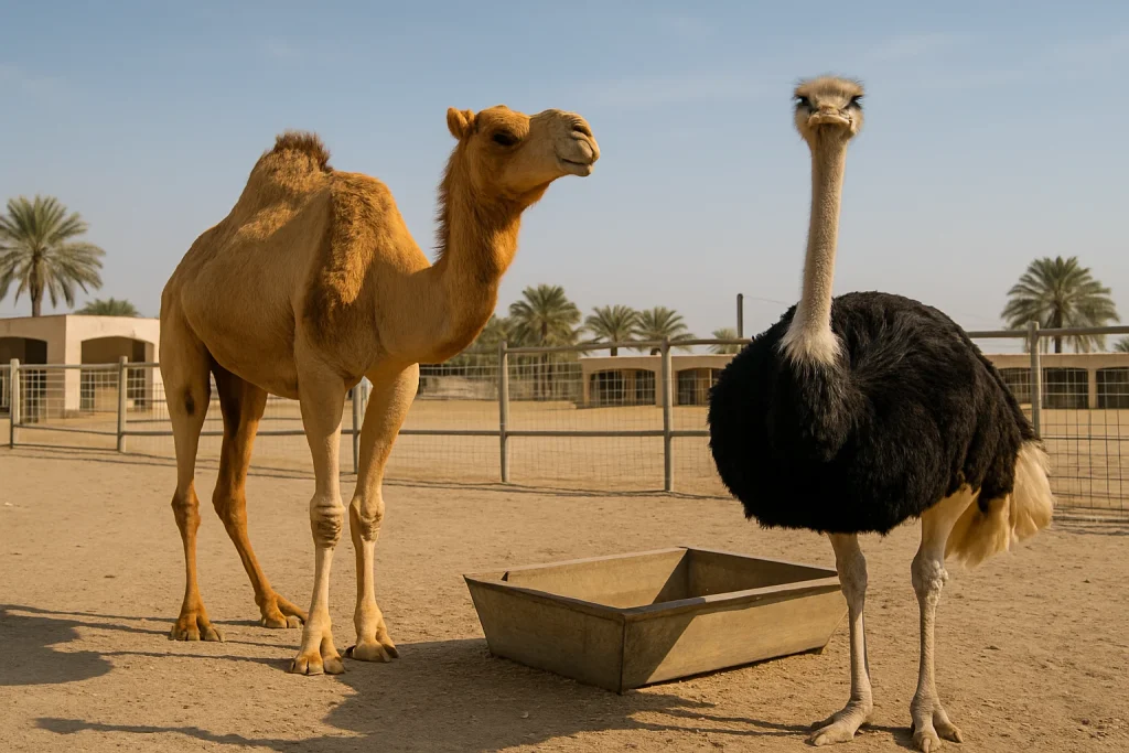 chameau et autruche dans une ferme en plein désert à Bahreïn
