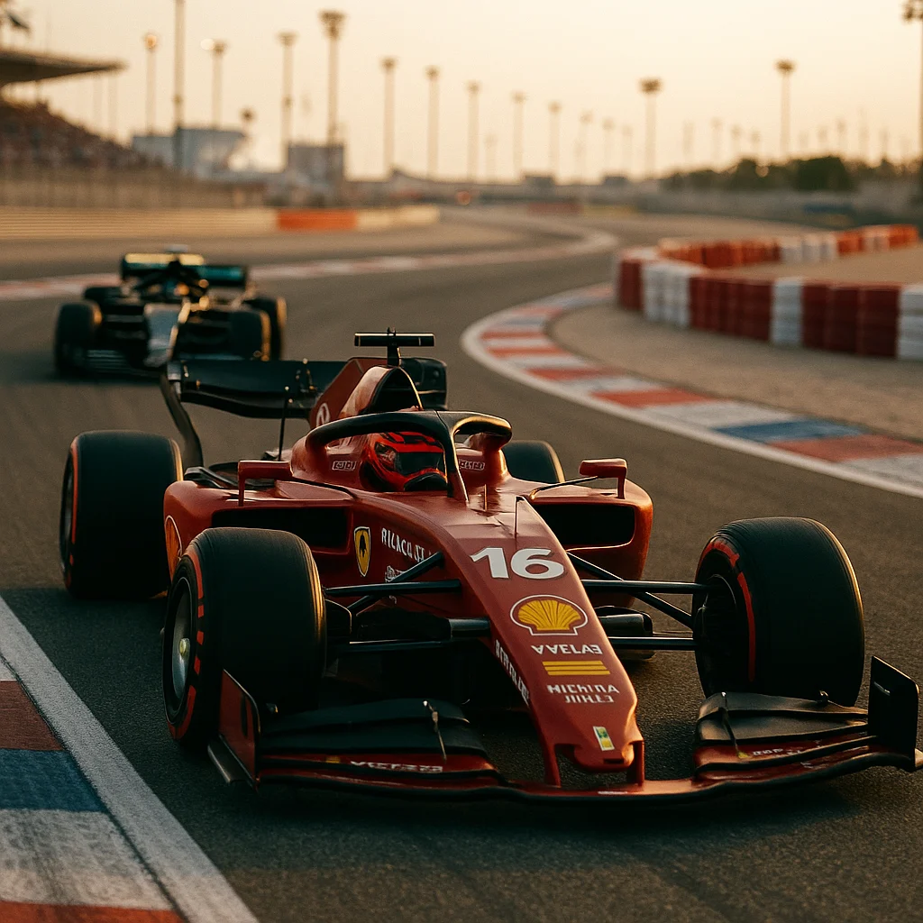 Voitures de Formule 1 en pleine course au circuit de Sakhir à Bahreïn – Grand Prix sous les projecteurs