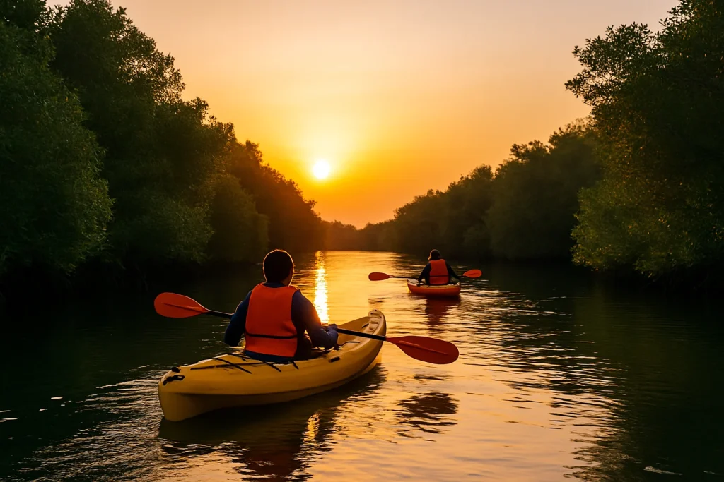 kayak dans les mangroves de Bahreïn au coucher du soleil avec forêt dense et eau calme