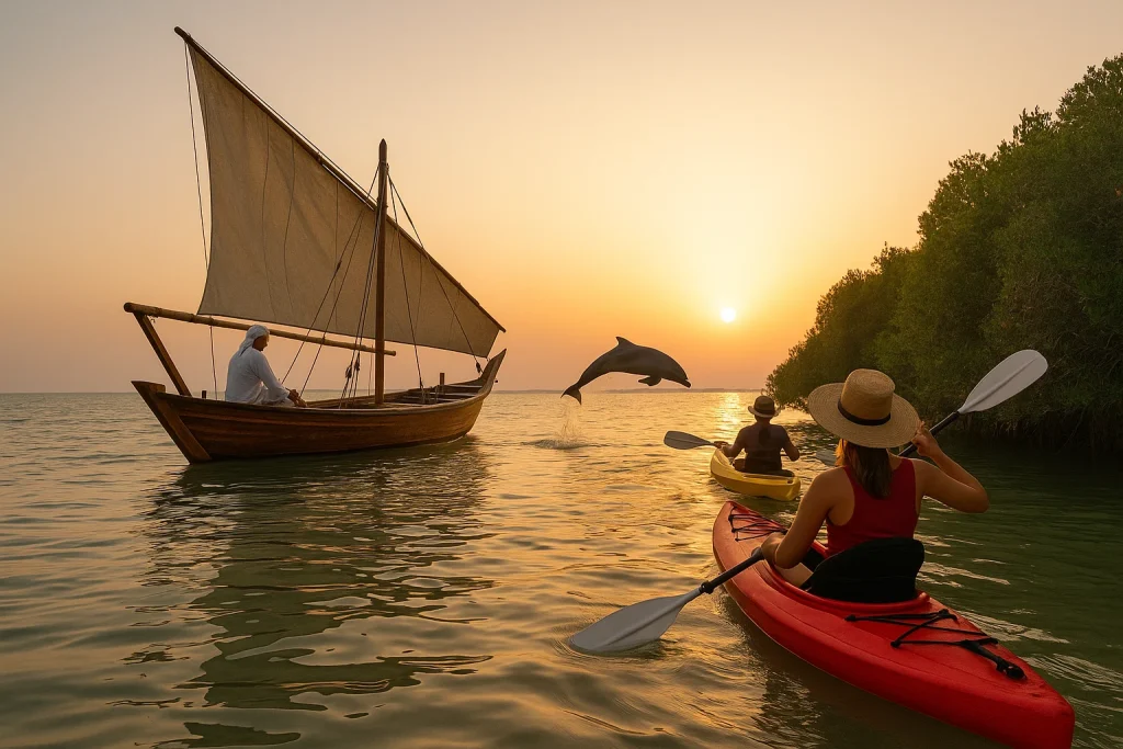 bateau traditionnel dhow, kayak et dauphin dans la mangrove de Bahreïn au coucher du soleil