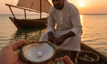 main tenant une huître avec une perle sur un bateau traditionnel au coucher du soleil à Bahreïn