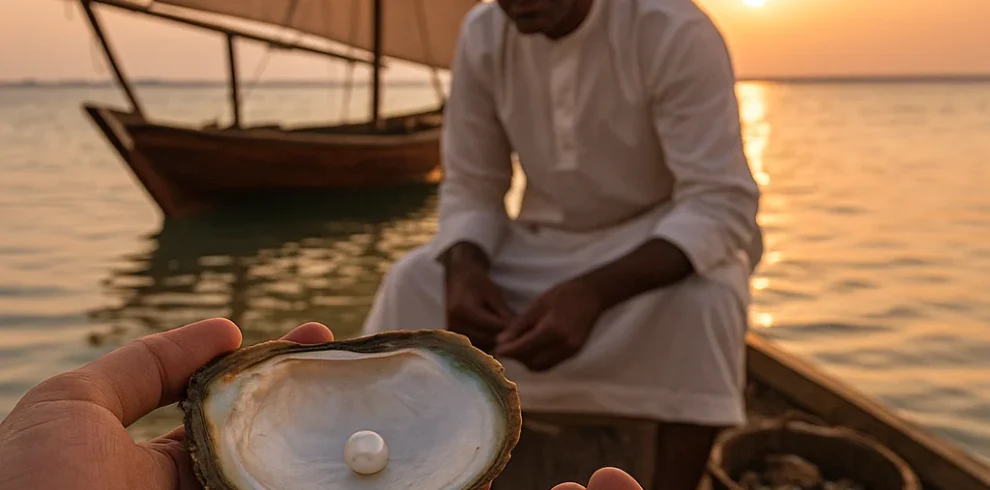 main tenant une huître avec une perle sur un bateau traditionnel au coucher du soleil à Bahreïn