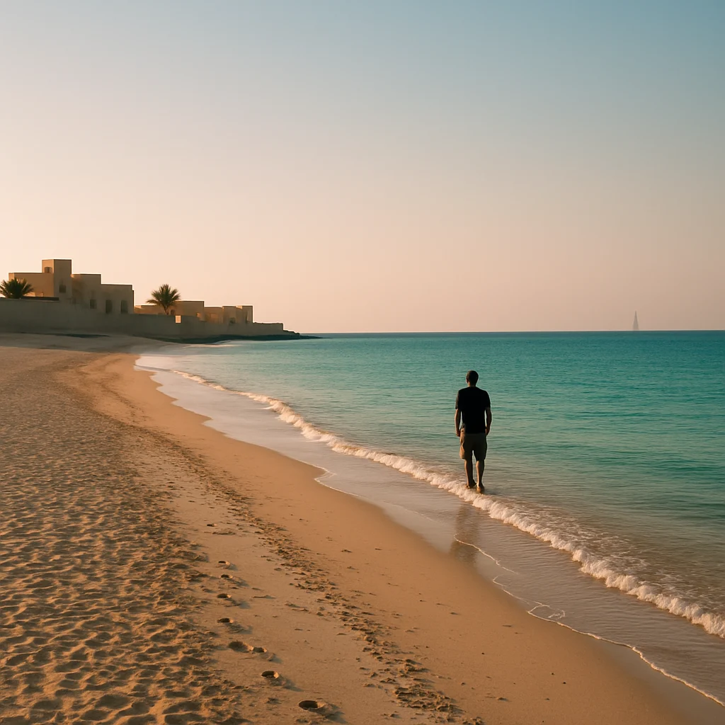 Promenade sur la plage de Marassi au coucher du soleil à Bahreïn – moment détente du circuit.