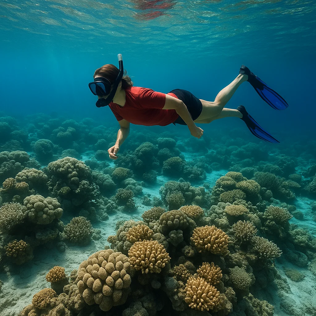 Femme en plongée à Bahreïn parmi les coraux – expérience unique de recherche de perles dans le Golfe.