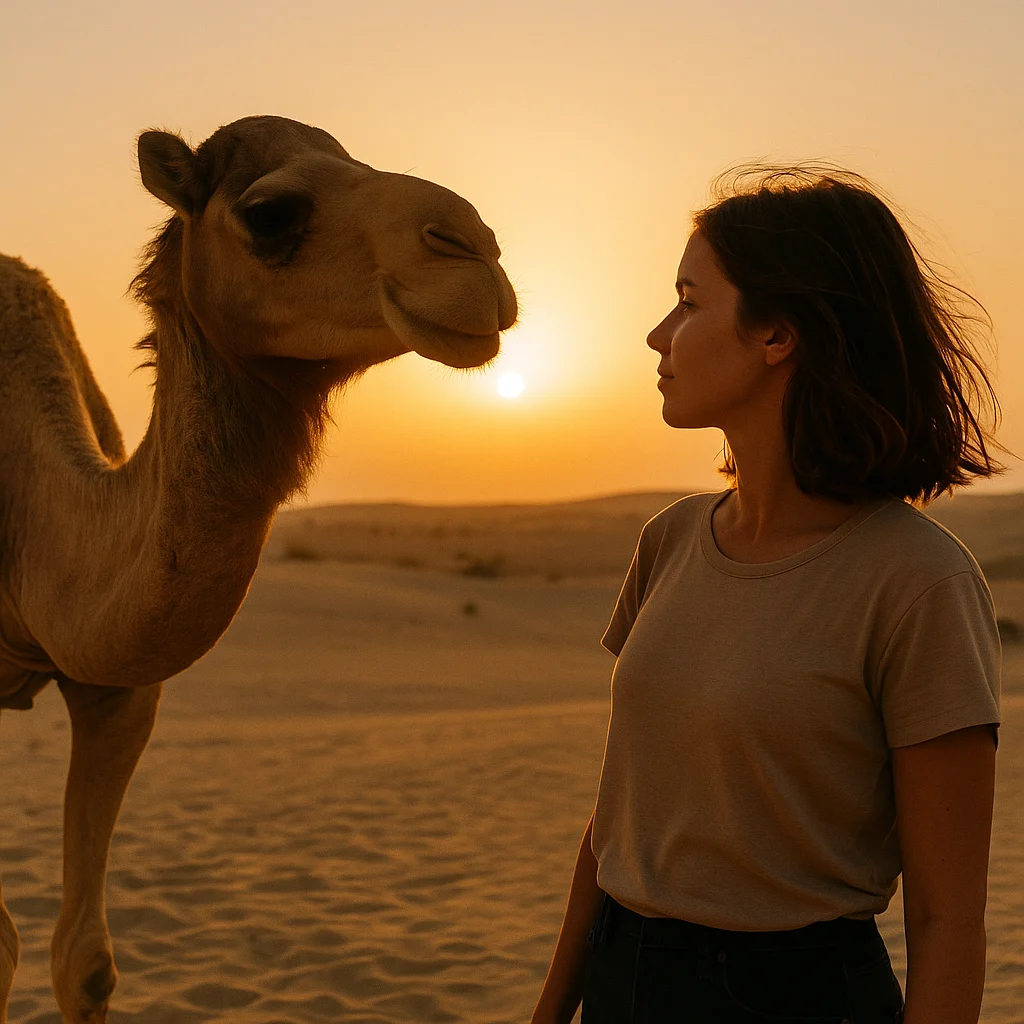 Touriste francophone visitant une ferme de chameaux à Bahreïn – activité éducative pour enfants et familles.