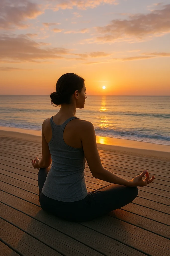 Séance de yoga au bord de la mer à Bahreïn, face au lever du soleil – bien-être et détente pour voyageurs francophones.