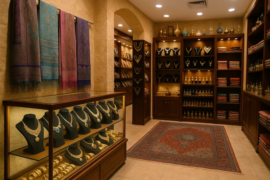 boutique bahreïnie avec bijoux en vitrine, étagères de tissus colorés et flacons de parfum