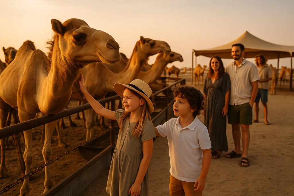 Touriste francophone visitant une ferme de chameaux à Bahreïn – activité éducative pour enfants et familles.