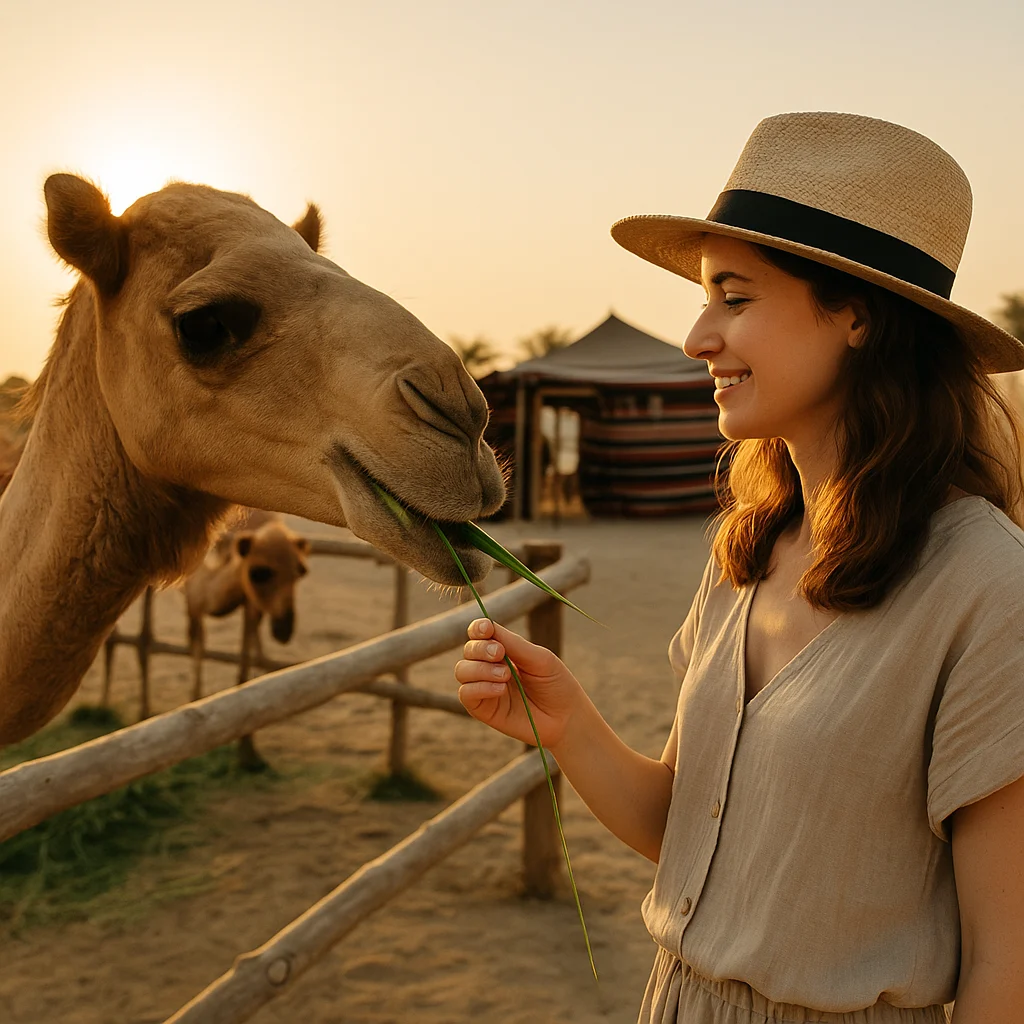 Touriste francophone visitant une ferme de chameaux à Bahreïn – activité éducative pour enfants et familles.