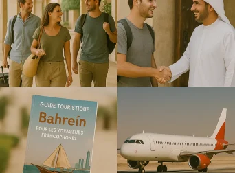 Accueil de voyageurs francophones à Bahreïn avec guide local, brochure et arrivée à l’aéroport.