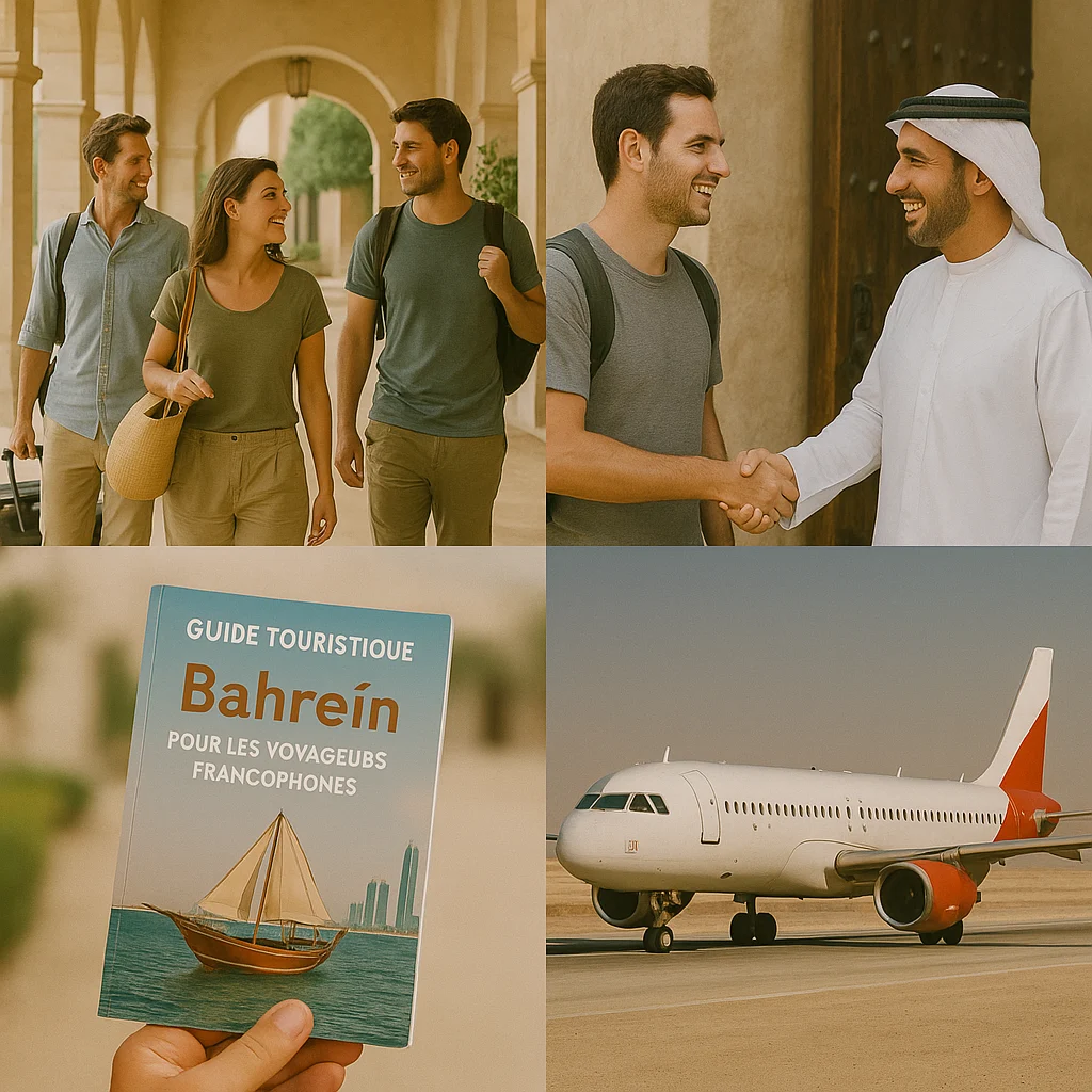 Accueil de voyageurs francophones à Bahreïn avec guide local, brochure et arrivée à l’aéroport.